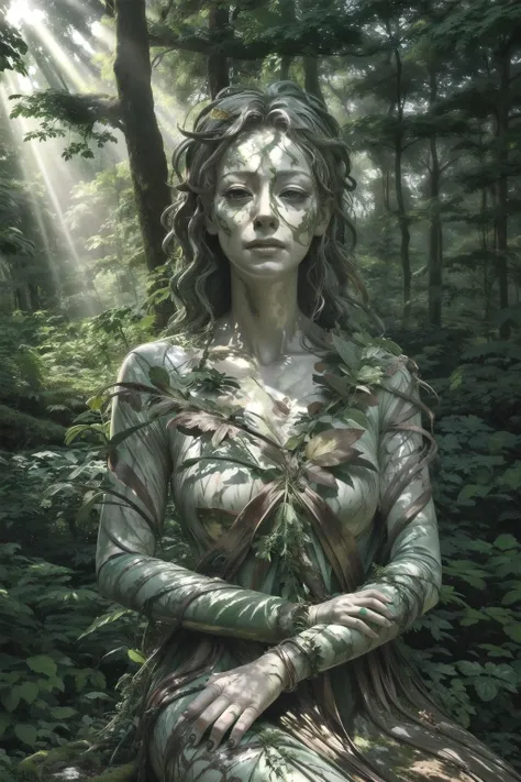 realistic, 1girl, light rays, glow, masterpiece, forest background, in a forest, in bushes, rooted, forgotten, old woman marble statue <lora:M4rbleSCNEWCIVIT:1>, sitting, sad face, close up, style-paintmagic, M4rbleSCNEW