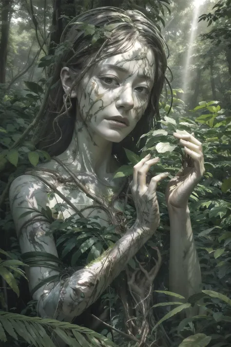 realistic, 1girl, light rays, glow, masterpiece, forest background, in a forest, in bushes, rooted, forgotten, old woman marble statue <lora:M4rbleSCNEWCIVIT:1>, sitting, sad face, close up, style-paintmagic, M4rbleSCNEW, grey skin