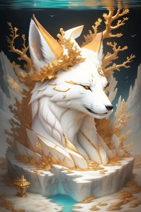 close portrait of an artic fox alabaster statue , (under the ocean,  fishes, coral, algua, treasure, gold, shining, sand:1.1),  epic, in the style of M4rbleSCNEW,
very detailed, 8k, hd, full color,
<lora:M4rbleSCNEWCIVIT:1>