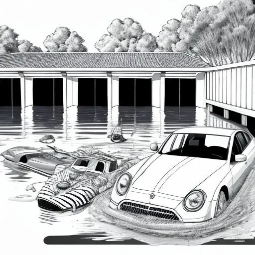 clean line cartoon drawing ofThorough  A place taken by a flood with everyday objects floating and cars submerged in the water, b&w, ((white background)), (art by  coloring-book-style:1.4), ((high quality)), crazy-looking