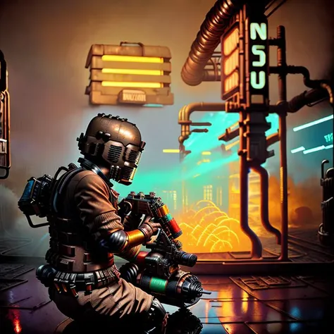 <hypernet:isaacFlame:1>a man in a space suit with a flamethrower, full long shot, side view, big industrial hall, a neon light above small room with grates and pipes, solo, masterpiece