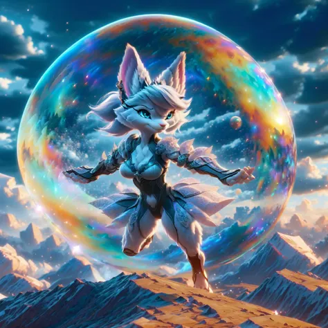 a cat is floating in a bubble with a sky background