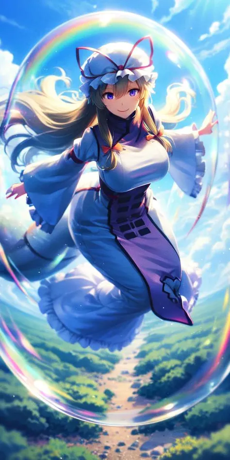 <lora:iridescent_bubble_v1:0.5>, day, sky, outdoors, rainbow, (full body:1.3), flying, <lora:yukari:1>, yakumo yukari,1girl inside a bubble, hat, blonde hair,long hair, dress,ribbon, hat ribbon, purple eyes,bow, mob cap, frills, long sleeves, tabard, socks...