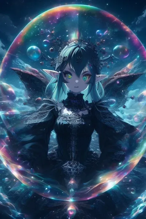 a girl with blue hair and a black dress is surrounded by bubbles