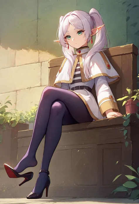 anime girl sitting on a bench with her legs crossed