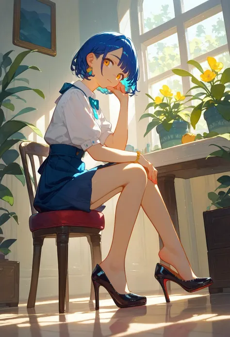 anime girl sitting on a chair in front of a table with a plant