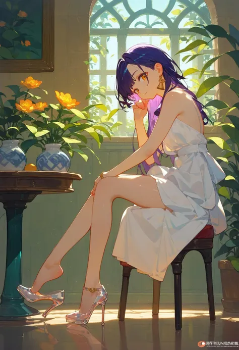 anime girl sitting on a chair in a room with a window