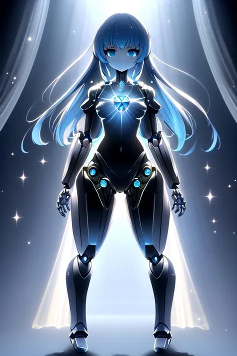 a woman in a futuristic suit standing in front of a stage