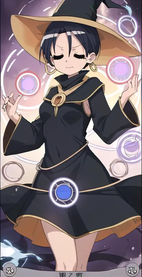 NN, 1girl solo, looking at viewer, eyes closed, eyes closed shut, (magic circles), ((glowing magic circles)), witch hat, witch outfit, (tarot card style), perfect quality, good quality, masterpiece, HDR, UHD <lora:Nanaka Nakatomi:0.8>