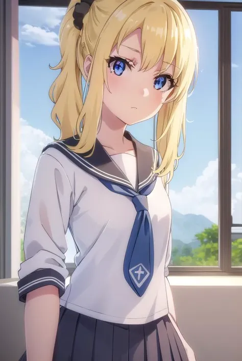 nodokatoyohama, <lora:nodoka toyohama s1-lora-nochekaiser:1>, 
nodoka toyohama, bangs, blue eyes, blonde hair, hair ornament, sidelocks, side ponytail, scrunchie, hair scrunchie, blue scrunchie,
BREAK skirt, shirt, school uniform, white shirt, short sleeve...