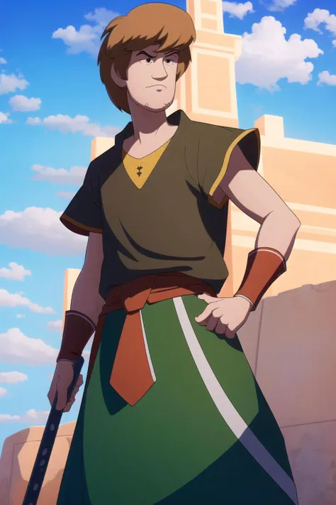 a cartoon image of a man in a green skirt and brown shirt