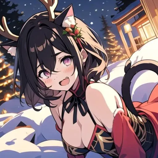 (catgirl, cat ears, cat tail, (purple-gold gradient eyes), purple-black hair, short hair, curly hair, open mouth, fang, blush, medium breasts, hair between eyes, crossed bangs, neck ribbon),(dearantlers, deer antlers, horns, winter, christmas, holidays, sn...