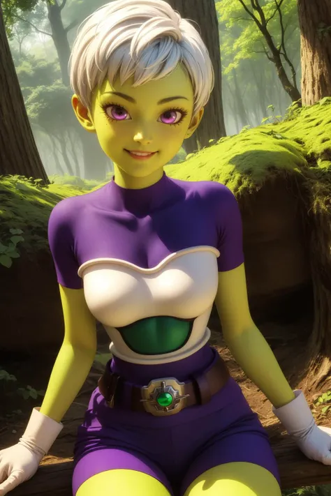 cheelai,1girl,solo,very short hair,pink eyes,white hair,(green skin:1.3),
white gloves,purple bodysuit,bodysuit,short sleeves,belt,saiyan armor,purple shorts,
smile,closed mouth,cowboy shot,sitting,
forest,outdoor,
(insanely detailed, beautiful detailed fa...