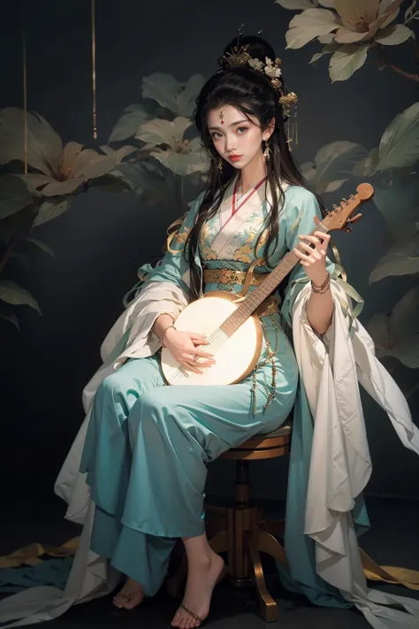 jyyv3, a woman in a kimono holding a light up sword in her hand and a dragon on her shoulder, 1girl, instrument, jewelry, solo, black hair, playing instrument, music, hair ornament, bracelet, chinese clothes, holding instrument, holding, hanfu, shawl, clos...