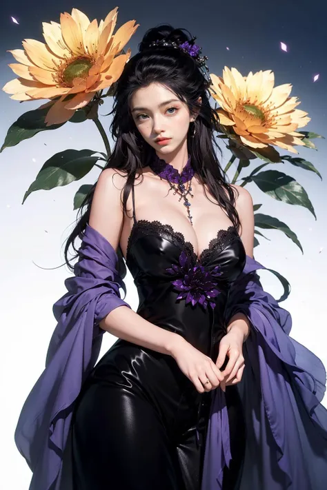 jyyv3, a woman in a purple dress with a large flower on her arm and a large flower on her shoulder, 1girl, solo, long hair, flower, dress, closed eyes, black hair, white background, purple dress, very long hair, simple background, bare shoulders, breasts, ...