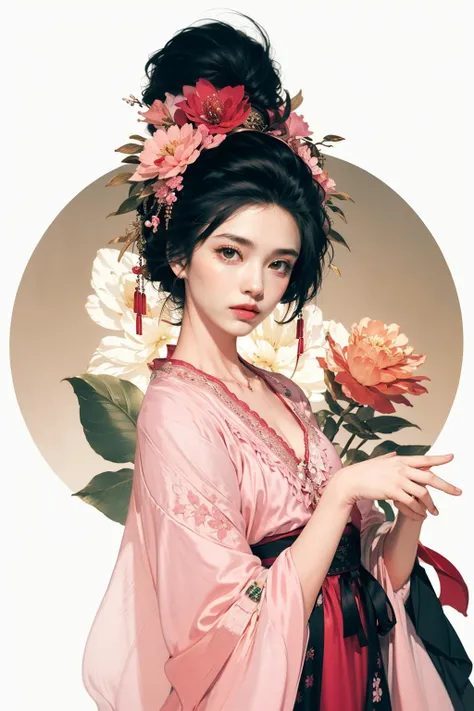 jyyv3, a woman in a pink dress holding a mirror with flowers on its head and a flower in her hair, 1girl, flower, solo, hanfu, hair flower, hair ornament, black hair, chinese clothes, forehead mark, pink flower, hand fan, long sleeves, peony, upper body, h...