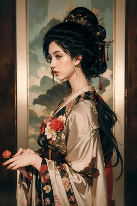 jyyv3, a painting of a woman in a kimono holding a flower in her hand and a red rose in her other hand, 1girl, flower, red lips, solo, black hair, holding, hair ornament, red nails, lipstick, makeup, upper body, red flower, holding flower, forehead mark, l...