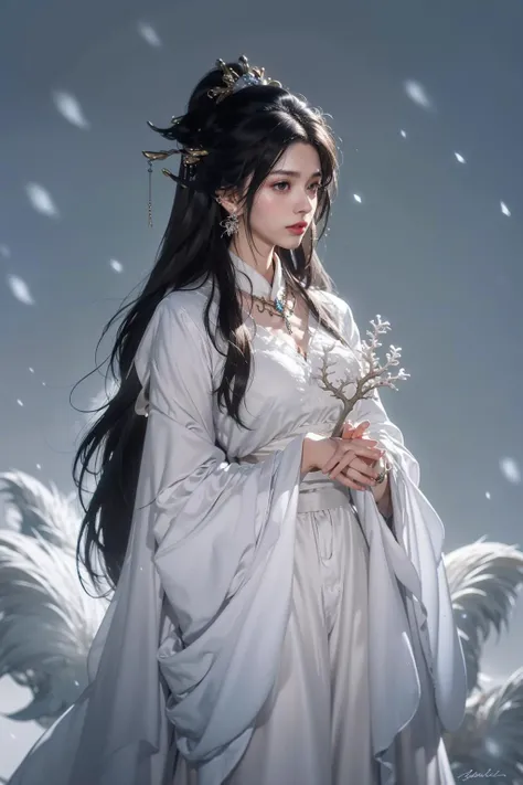 jyyv3, a woman in a white dress holding a bouquet of flowers and a snowflaket in her hand, 1girl, long hair, dress, jewelry, solo, earrings, hair ornament, white dress, black hair, upper body, flower, from side, long sleeves, chinese clothes
Best quality,m...