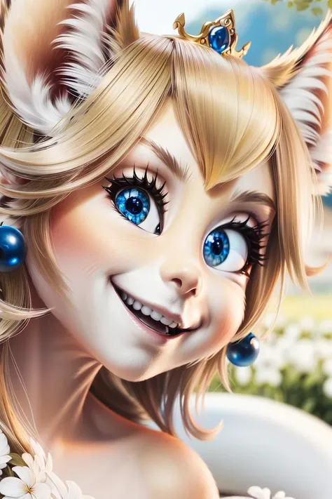 masterpiece, high quality, official art, (princesspeach, princess peach:1.2), cute, adorable, sexy (catgirl cat girl:1.3), (furry:1.4), (body fur:1.5), (yellow and white fur:1.5), (face close up shot:1.3), perfect human face, mouth open smiling, (small cat...