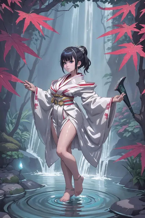 a woman in a kimono outfit is standing in a pond