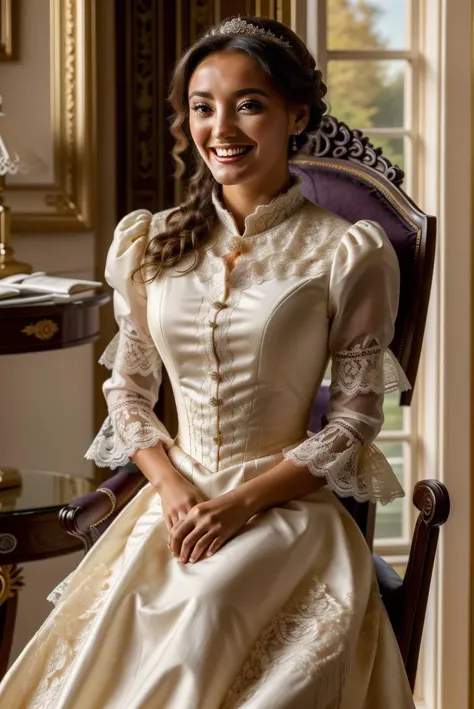 close up of a (beautiful woman  with detailed face and perfect teeth) in (victorian dress) sitting in a chair looking at viewer and smiling, inside of an elegant room with a window, volumentric, 8k, masterpiece, intricately detailed,  <lora:victorian_dress...