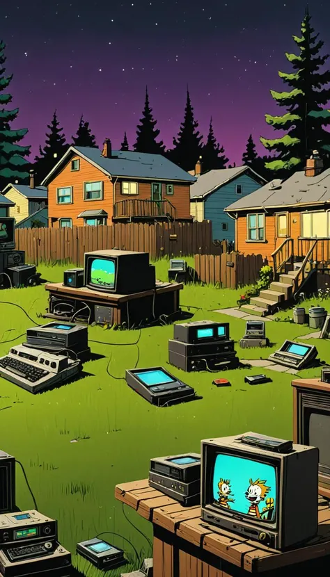 <lora:Everly_Heights_Backgrounds_New_Settings:1> A suburban neighborhood at night with various old electronic devices including a television with Calvin and Hobbes on it with houses in the background, vibrant, background art.