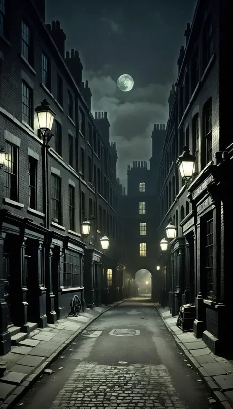 <lora:Everly_Heights_Backgrounds_New_Settings:.5> A Victorian London street at night during the Industrial Revolution with horror overtones.