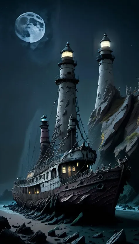 a painting of a ship in the ocean with a lighthouse on top