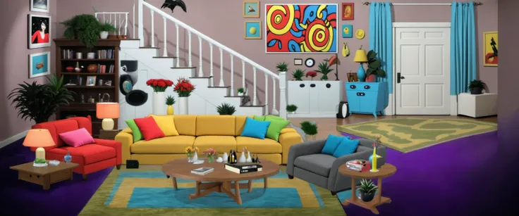 <lora:Everly_Heights_Backgrounds_New_Settings:1> a funky 1990s sitcom living room, night, designed for a family with artistic parents, one a painter and the other a theater director. The room should reflect their creative and eclectic lifestyle with vibran...