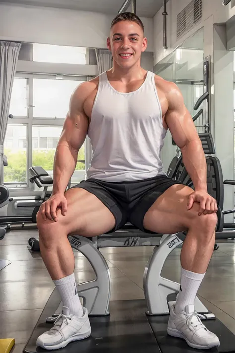 gym, sitting on a gym bench, sweaty brow, smiling, ADConrad is a sexytrainer, sweaty white tank top, black shorts, white socks, sneakers, ((full body portrait)), wide angle <lora:ADConrad:0.8> <lora:Clothing - Sexy Personal Trainer:0.65>