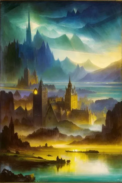 Encaustic, Science, Magical Academy, Photography, Harmony, Muted,  style of Lyonel Feininger, style of Thomas Moran, featured on ConceptArt