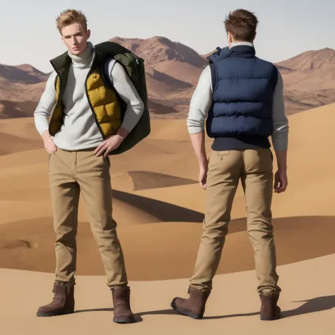 photo of two male modeling standing, wearing puffer vest, crew neck sweater, chinos, desert boots, photo, studio shot ADDCOMM
a man facing forward ADDCOL
back of a man facing away