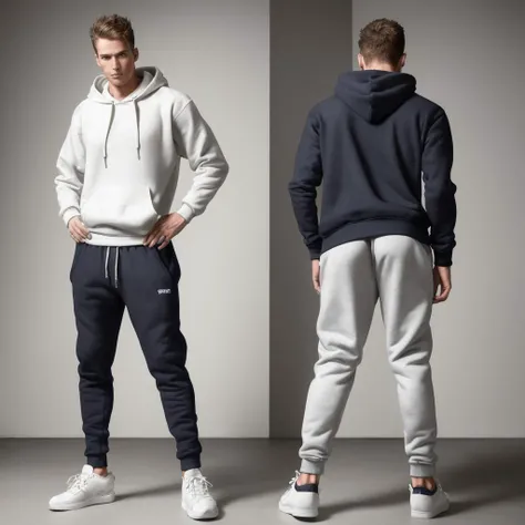 photo of two male modeling standing, wearing joggers, hoodie, sneakers, photo, studio shot ADDCOMM
a man facing forward ADDCOL
back of a man facing away