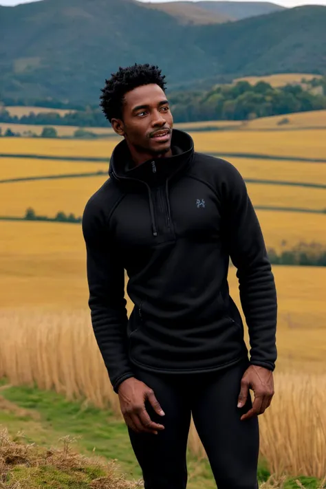 photo of a Black Sculpted man, wearing a fleece pullover, thermal leggings, hiking boots, in a Fields setting