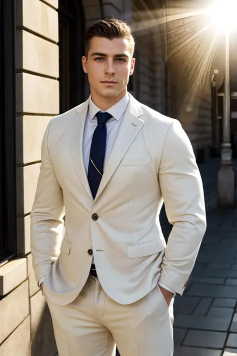 arafed man in a suit and tie standing in front of a building