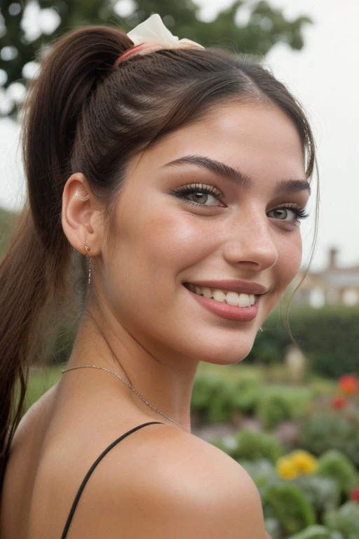 a close up of a woman with a ponytail in a garden