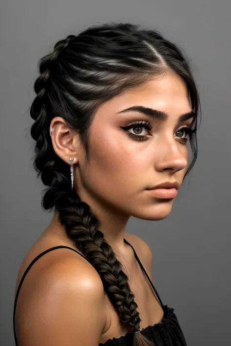 a woman with a braid updo and a black dress