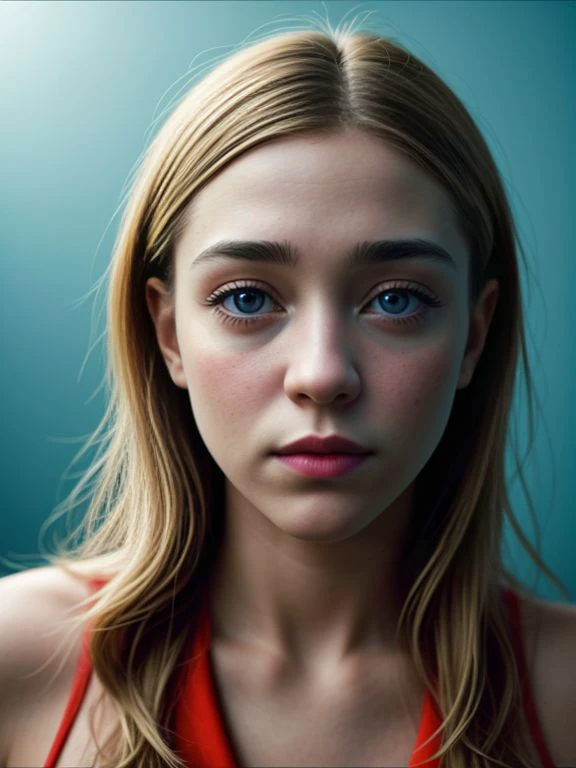 a woman with long hair and blue eyes looking at the camera