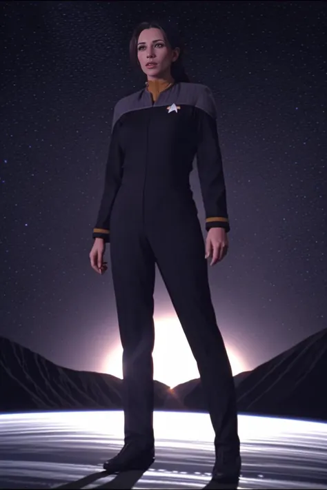 a woman in a space suit standing on a surface with mountains in the background