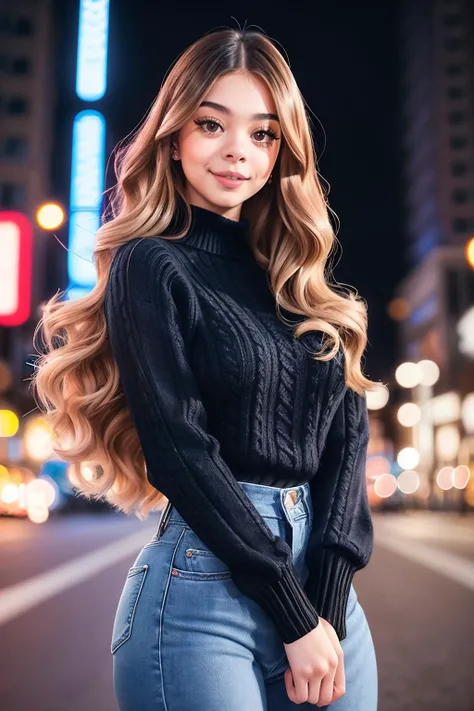 wide angle, portrait of beautiful (block_mollylittle:0.99), a woman, perfect wavy hair, knitted jumper, jeans, in a city avenue, posing, night time, (analog, cinematic, film grain), detailed eyes, (color picture:1.1), (looking at viewer), shot with Fuji XT...