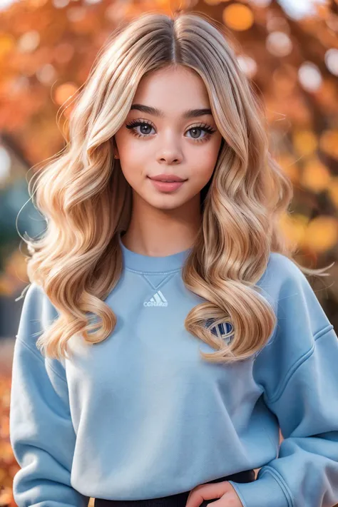 wide angle, medium shot of beautiful (block_mollylittle:0.99), a woman, perfect wavy blonde hair, (crewneck-sweatshirt:1.1), (autumn), (analog, cinematic, film grain), detailed eyes, (color picture:1.1), (looking at viewer), shot with Fuji XT3, 85mm