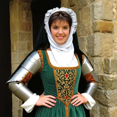 arafed woman in medieval dress standing in front of a stone building