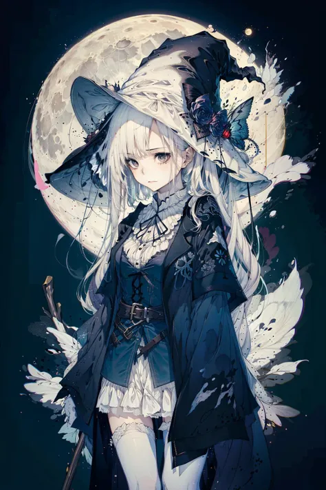 1girl,(Tattered clothes:1.1),long white hair, (white stockings:1.1),white large witch hat,witch costume, Ride broomstick, fantasy,(light:1.3),dark theme,magic,moon,upper body,  <lora:hitoimimStyleLoha_v10d:1>