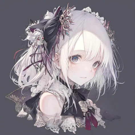 masterpiece, best quality, <lora:hito_loha_v2b_artist_style:0.85>,simple background,upper body,cropped shoulders,ribbon,bow,white_hair,  <lora:Loraeyes_V1:0.3>