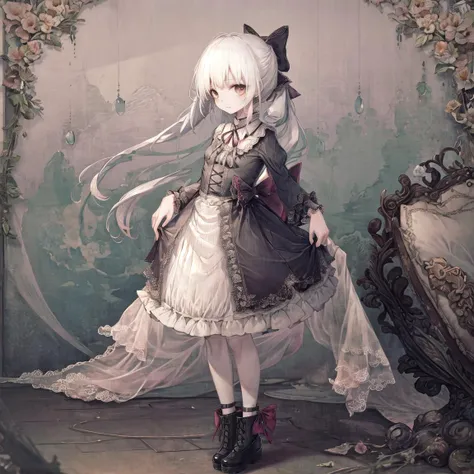 masterpiece, best quality, <lora:hito_loha_v2b_artist_style:0.7>,simple background,full body,ribbon,bow,white_hair,  <lora:Loraeyes_V1:0.5>,standing, looking at viewer, cross-laced footwear,flowers in background