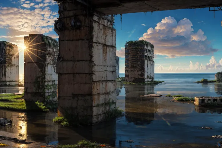 masterpiece, 4k, 8k, ultra detailed, depth of field, dramatic lights, sharp focus, intricate details, highres, soft lighting,
ruins, ocean, sunset, cloudy sky, perspective, horizon, old rusty mechanism,
<lora:more_details:0.5> <lora:Submerged ruins-v1:1>