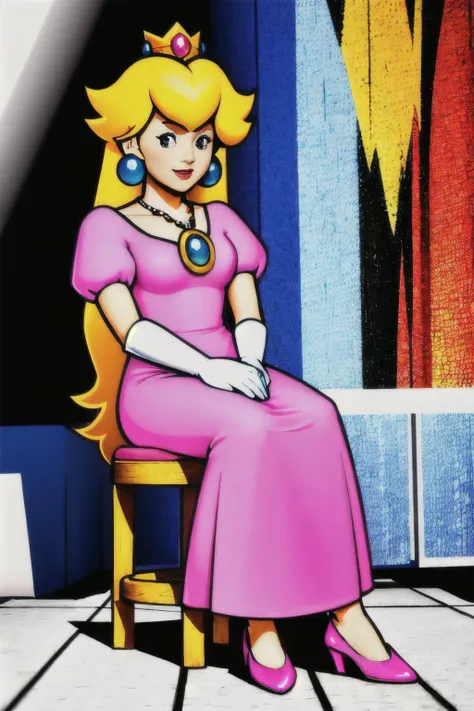 (Realistic:1.5) (masterpiece) 1girl, solo, long hair, smile, blonde hair, dress, jewelry, full body, earrings, white gloves, crown, pink dress, Sitting on a stool with one foot on the seat, <lora:EdobPaperPeach_v2.0:0.8>