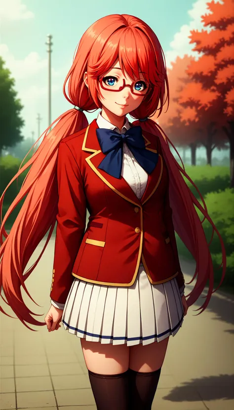 anime girl with long red hair and glasses walking down a sidewalk