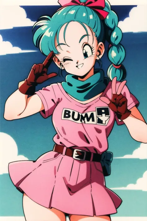 masterpiece,best quality,highres,<lora:bulma_v1:0.7>,1girl,solo,1980s (style),dragon ball,blmpony,aqua hair,hair ribbon,braided ponytail,pink shirt,belt,scarf,pink skirt,clothes writing,brown gloves,medium breasts,cowboy shot,outdoors,smile,With one eye cl...