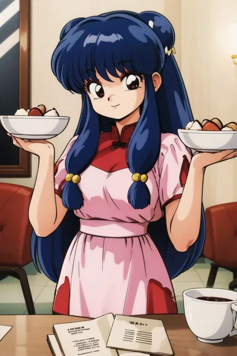 a woman holding a plate of food in front of a table